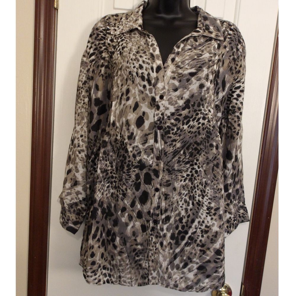 Gloria Vanderbilt Animal‎ Print Button Down Tunic Top Blouse XL